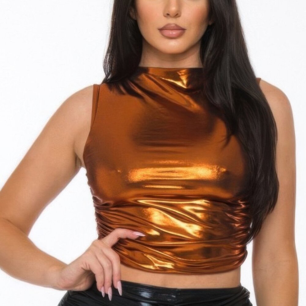 Metallic Mock Neck Crop Top